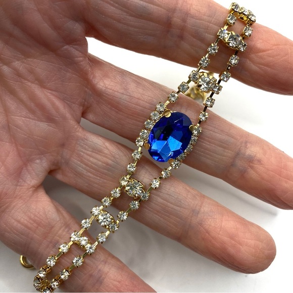 Blue Rhinestone Bracelet Gold Tone Sparkly - Picture 6 of 6